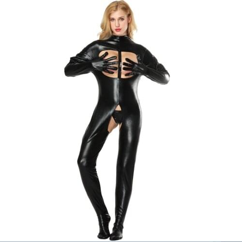 S-5XL 2018 New Arrival Women Black Sexy Lingerie Leather Fetish Open Bust Bodysuit Sexy Crotchless PVC Latex Up Crotch Jumpsuit