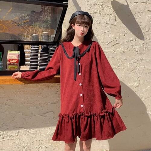 Womens Autumn and Winter Japanese-Style Sweet Retro French Doll Collar Bow Lace-up Long Sleeve Ruffled sweet lolita dress