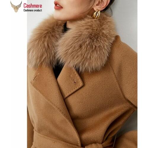 Winter Long Wool Coat Female Fox Fur Collar Cashmere Coat 2021 New Camel A-Shaped Water Ripple Coat Blue High-end Commuter Coat