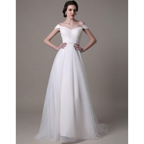 2020 Tulle Off Shoulder Wedding Dress With Pearls Belt And Simple Bridal court train A-Line