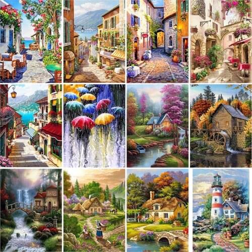 DIY 5D Diamond Painting Street Scenery Diamond Embroidery Waterfall Cross Stitch Landscape Tree Full Round Drill Home Decor Gift