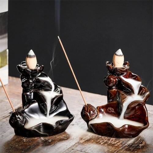 Antique Ceramic Backflow Incense Burners Small Black Portable Incense Stick Holder Aromatherapy Lotus Waterfall Aroma Censer