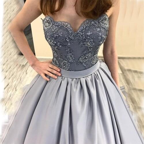 Gray Colour Satin Evening Dresses Sweetheart Satin Sashes Lace Applique Hand Made Beading Chapel Train A-Line Prom Dress Lace-Up