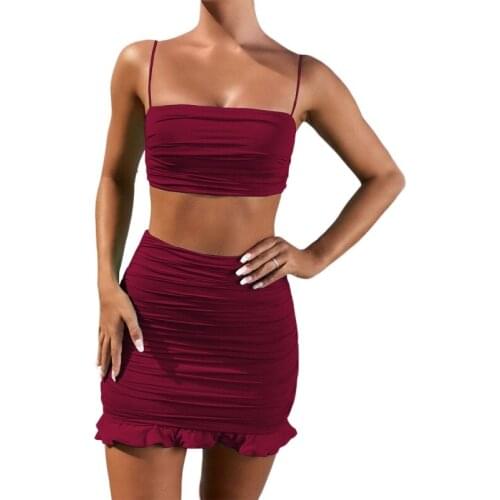 CHSDCSI Sexy Strapless Camis Stretch Two Piece Set Summer Club Pencil Tight Skirts Ruffles Women White Tank Top Soft Clothes