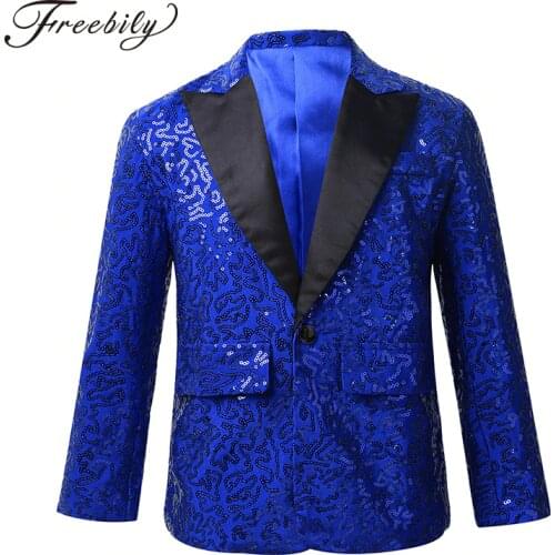 Kids Boys Stylish Shiny Sequins Lapel Suit Jacket Coat Blazer Tuxedo Banquet Party Children Stage Performance Jazz Dance Costume