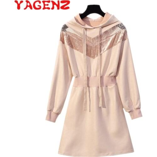 YAGENZ Elegant Dress Women Hooded Dresses Ladies Vestidos Plus size Autumn Mesh Mini Dress long sleeve Casual female dress 668