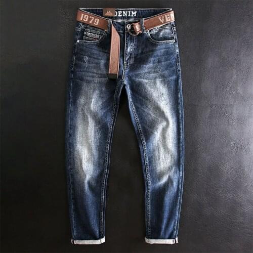 European American Fashion Men Jeans High Quality Retro Blue Elastic Slim Ripped Jeans Men Vintage Designer Casual Denim Pants