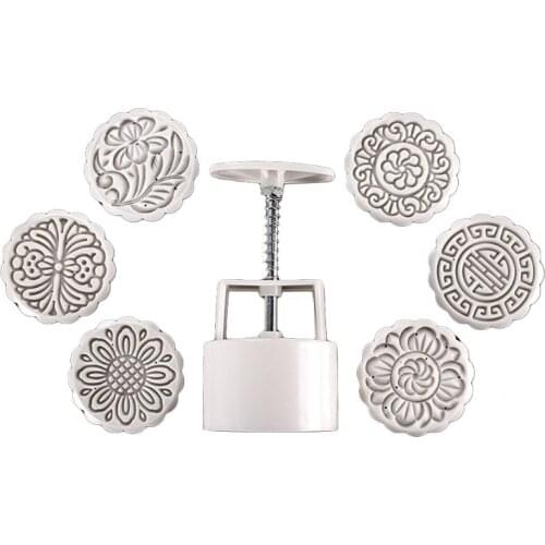 100g Mooncake Barrel Mold with 6pcs Flower Stamps Hand Press Moon Cake Pastry
