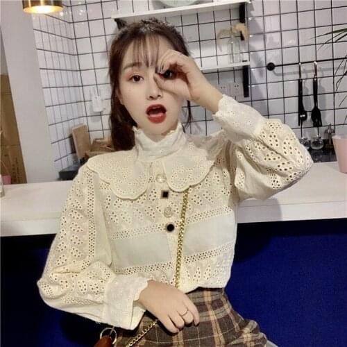 Kawaii Lolita Cotton Stand Collar White Apricot Hollow Out Female Blusas Spring Women Mori Girl Ruffles Cute Tops Cardigan