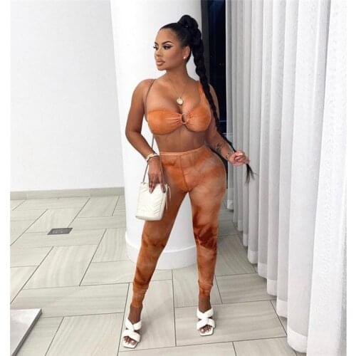 Mesh Print Two Piece Set Women Bandage Cleavage Slash Neck Crop Tops+Pant Matching Outfits Active Sexy Streetwear Clothing