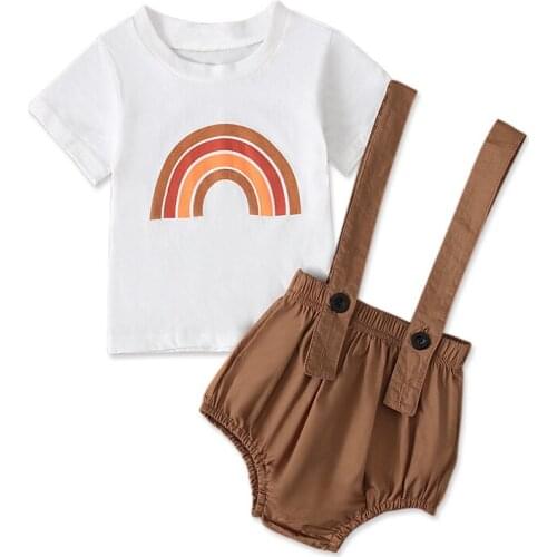 0-2Yrs Rainbow Clothes Set Soft Baby Girls T-Shirts Tops Overall Shorts 2Pcs Summer Boy Clothing Outfits