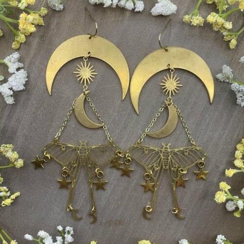 Brass Waxing Moon Lunar Moth Celestial Star Dangle Earrings