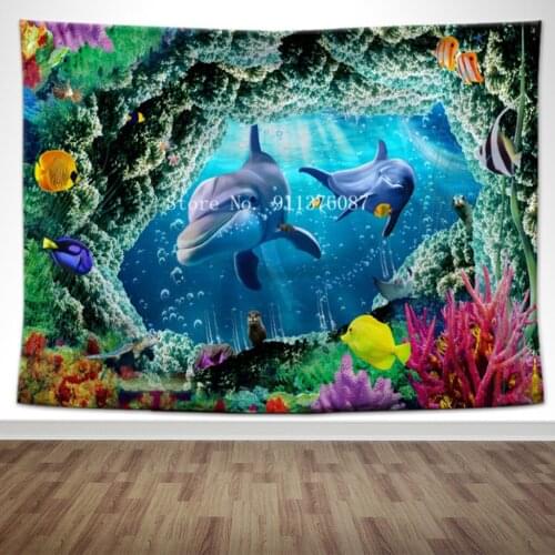 Hot-selling Wall Hanging Fantasy Magical Colorful Marine Life Ocean Tapestry Cute dolphin shark Animal Decor Bedroom Living Room