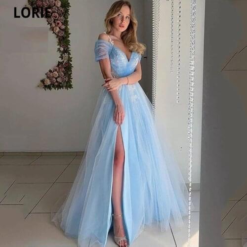 LORIE Sexy Off the Shoulder Prom Dress Long Tulle Lace Applique Light Sky Blue Prom Gowns Side Slit Elegant Vestido de fiesta