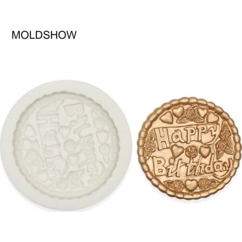 MOLDSHOW Round Happy birthday letter Nameplate lace cake mould Soap Fondant Chocolate Candy Decoration Baking Tool Silicone Mold