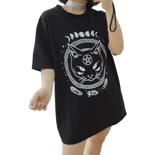 New Gothic Moon Phase Witchcraft Cat Graphic Shirt Black Gothic Space Cat Tee Shirt Hipster Shirts