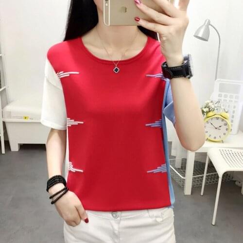 Shintimes New Thin Knitted T Shirt Women Clothes 2021 Summer Tops Striped Patchwork Short Sleeve T-Shirt Female Tee Shirt Femme