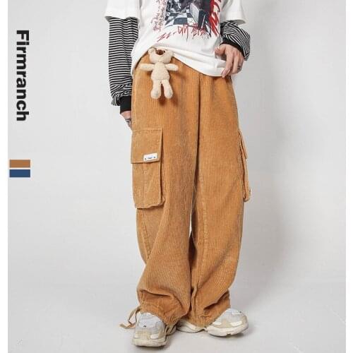 Firmranch New Fall/Winter Men/Women Couples Bear Hanging Corduroy Cargo Pants Sunflowered Adorn Casual Loose Wide Leg Trousers