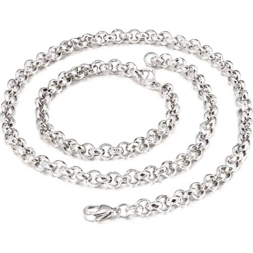 9mm 20 inch + 8.26 inch Stainless Steel Fashion Personality Square Pearl Rolo Chain Necklace + Bracelet Mens Jewelry set