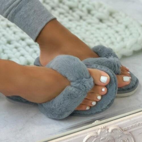 Winter Fashion Flip Flops Women Home Slippers Faux Fur Indoor Warm Shoes Woman Slip on Flats Female Fur Slides Plus Size SH443