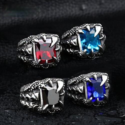 Retro Punk Men 316L Stainless Steel Dragon Claw Shape Ring Domineering Men Silver Plated CZ Crystal Ring Street Party Jewelry