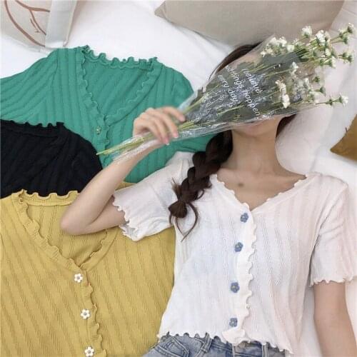Womens Solid V Neck Slim T-Shirt Korean Style Summer Sweet Casual Knitted Short Sleeve Tee Shirt Tops