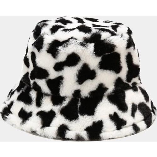Womens Autumn And Winter Korean Fashion Cow Print Hat Plush Thickened Warm Basin Hat Fishermans Hat Female Warm Bucket Cap