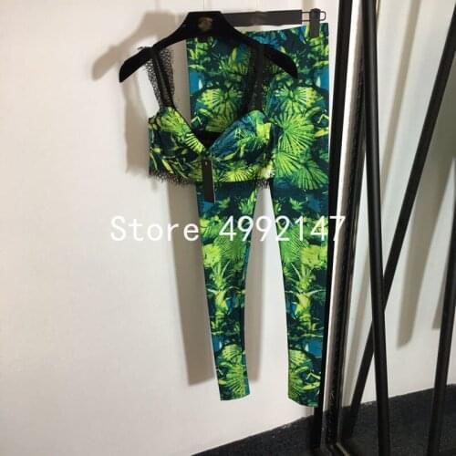 2021 summer women designer sexy green leaves pants set lace patchwork spaghetti strap top + slim pencil pants 2 piece set Y641