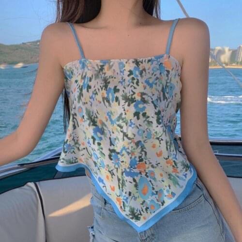 Summer Vest Plant Print Lacing Women Sleeveless Backless Camisole Print Bellyband Top Clothes Square Neck Lace-up Sling Tops