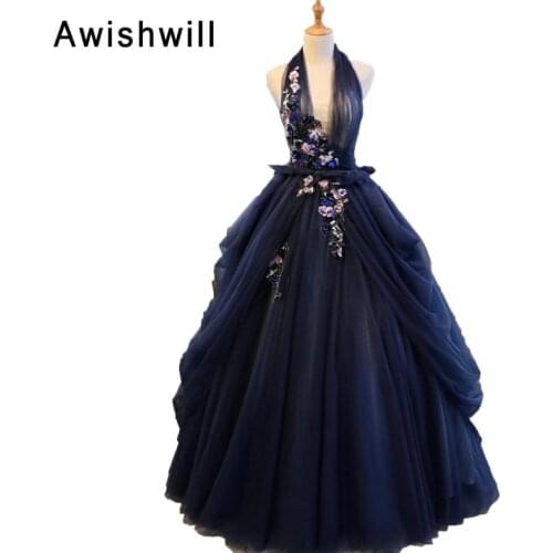 New Arrival Halter Sleeveless Appliques Tulle Navy Blue Evening Dress Vestido de Festa Longo Para Casamento Prom Dresses 2020