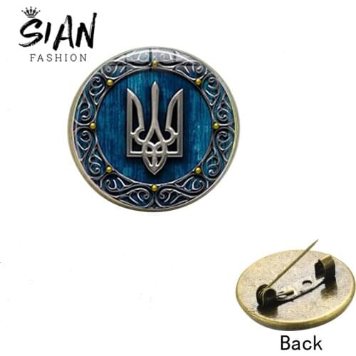 SIAN Tryzub Ukraine Badge Brooch Ukrainian Symbol Rune Pattern Glass Round Gem 3 Styles High Quality Clothes Pins for Men Women