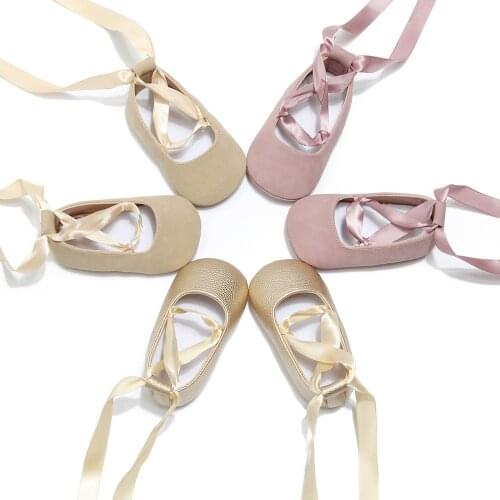 Kids Princess Shoes, Solid Color Soft Sole Footwear Walking Shoes with Ribbon for Spring Summer, Beige/Pink/Golden