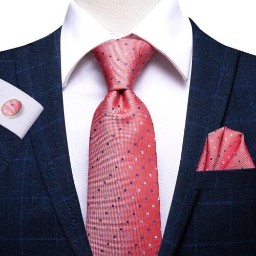 Hi-tie Coral Plaid Luxury Ties for Men Dot Box Gifts for Mens Tie Hanky Cufflinks Set Silk Necktie Formal Dresses Business