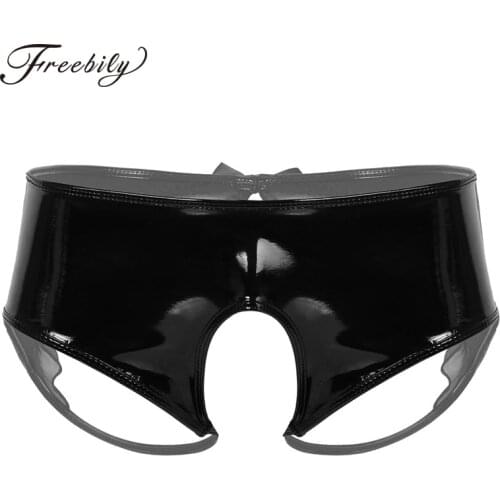 Gay Mens Lingerie Patent Leather Sissy Panties Briefs Crotchless Underwear Sexy Rave Clubwear Wet Look Open Crotch Latex Panties
