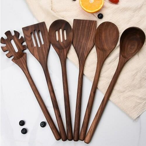 Black Walnut Kitchen Utensils High Quality Wooden 6pcs/set Cookware Pasta Server Skimmer Slotted Turner Soup Laddle Solid Wood