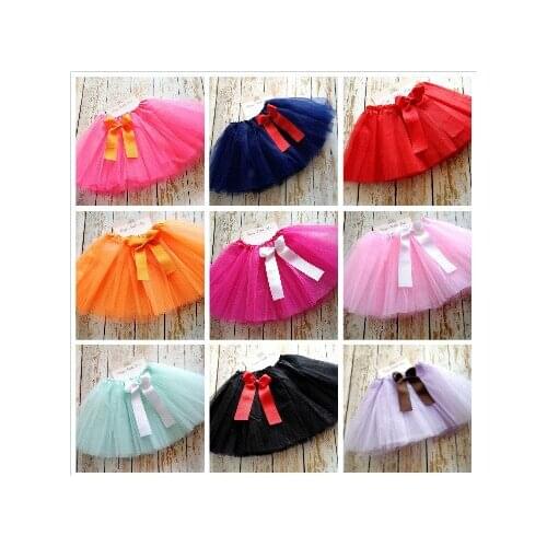 Cute Girls Candy Color Chiffon Tutu Skirts Kids 3Layers Mesh Tulle Ballet Pettiskirts with Ribbon Bow Children Party Tutus 50pcs