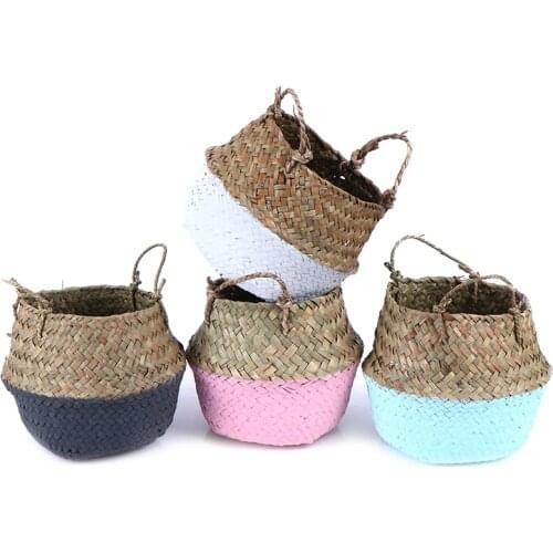 Handmade Mini Bamboo Storage Baskets Foldable Laundry Straw Patchwork Wicker Rattan Seagrass Belly Flower Pot Planter Basket