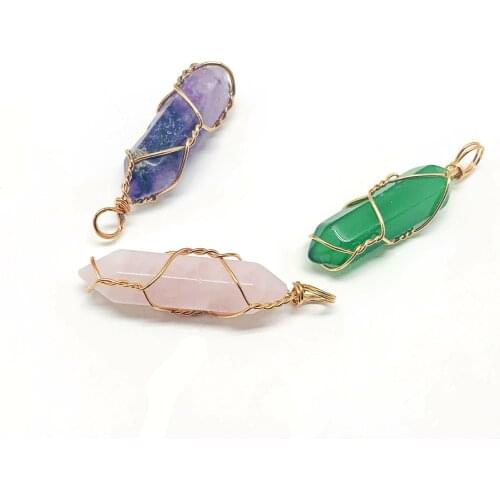 Fashion Natural Stone Necklace Pendant Pink Crystal Amethyst Green Crystal Stainless Steel Chain Necklace for Women Girls Gifts