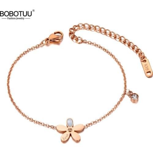 BOBOTUU Trendy Stainless Steel White Shell Flower Charm Bracelets For Women Girls Bohemia Chain & Link Bracelet Jewelry BB20177