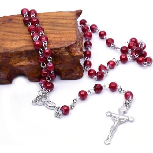 Red Rosary Beaded Necklace Virgin Mary Cross Pendant Necklace Our Lady of Fatima Lourdes Guadalupe Mary Center Medals Jewelry