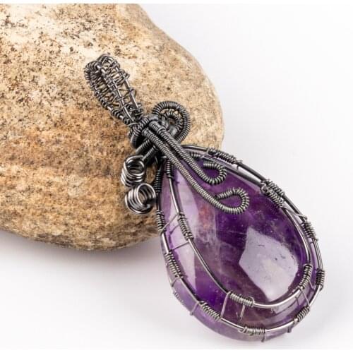 Natural Vintage Water Drop Stone Pendant Amethyst Rose Quartz Gun-Black Copper Wire Winding Crystal Handmade for DIY Accessories