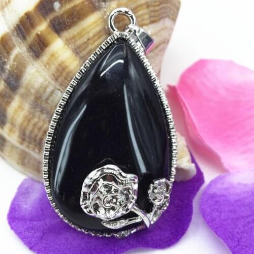 32*49mm black stone carnelian agat teardrop pendant silver-color flower wire winding high quality women charms jewelry B3078