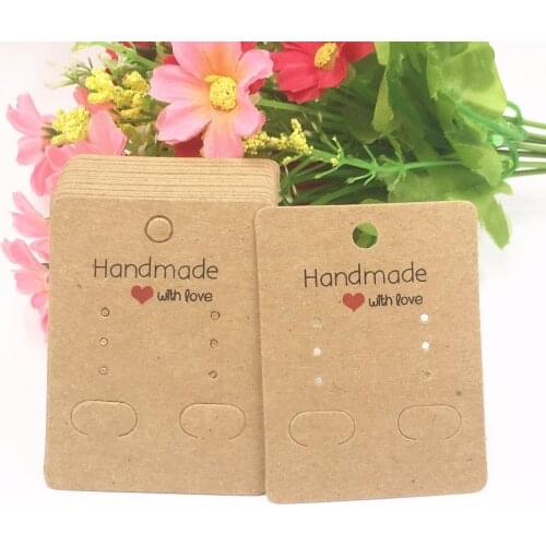 200pcs Paper Print "Handmade With Love" Earring Cards Kraft Ear Studs Jewelry Card With Hanging Hole Earring Displays Cards