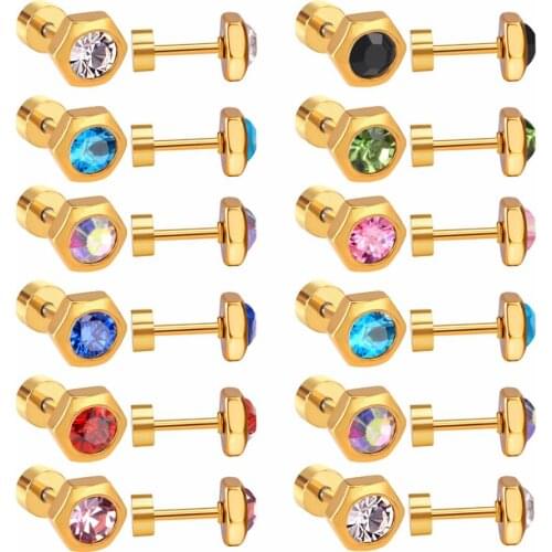 ASONSTEEL Stainless Steel Earrings Gold/Silver Color Geometry Screw Stud Earrings with Colorful Cubic Zirconia Wholesale Female