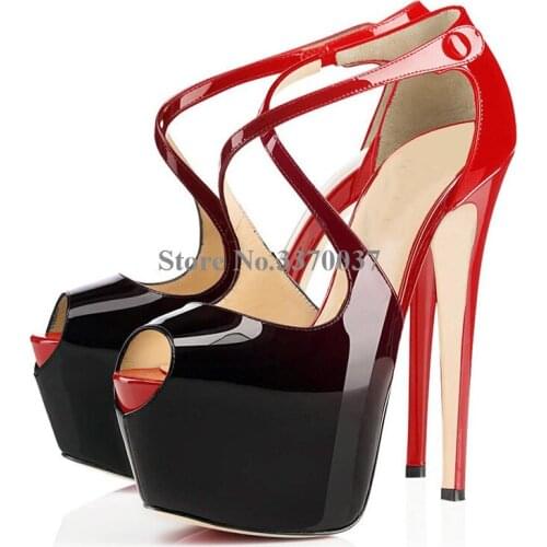 New Fashion Women Open Toe Red Gradient Color High Platform Pumps Sexy Strap Cross Super High Heels Dress Shoes Evening Shoes