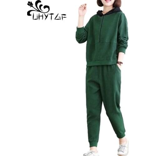UHYTGF Spring Autumn Two Piece Set Women Fashion Hooded Pullover Casual Sweatshirt Top+Pants Suit Female Plus Size Tracksuit1991