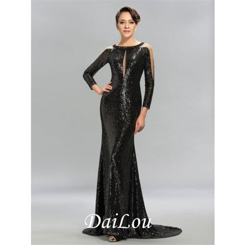 Long Sleeves Court Scoop Floor-Length Mermaid Black Sequins Evening Dress 2021