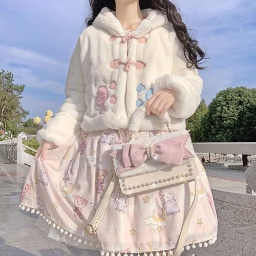 Japanese Sweet Autumn Winter Coats Girly Rabbit Ears Warm Soft Plush Hooded Jackets Outwear Lolita Coats Cute Tops White Kawaii