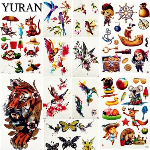 YURAN Kids Cute Cartoon Tattoo Stickers Women Body Arm Neck Art Tattoos Temporary Children Flash Birds Captain Pirate Tatoo Fake