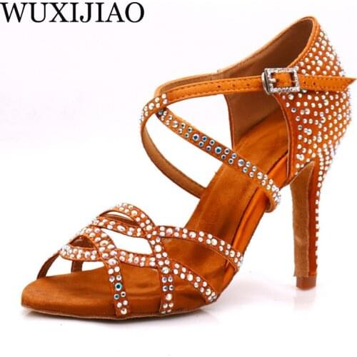 WUXIJIAO womens Latin dance shoes color satin sequins rhinestones Cuban high heels 9cm